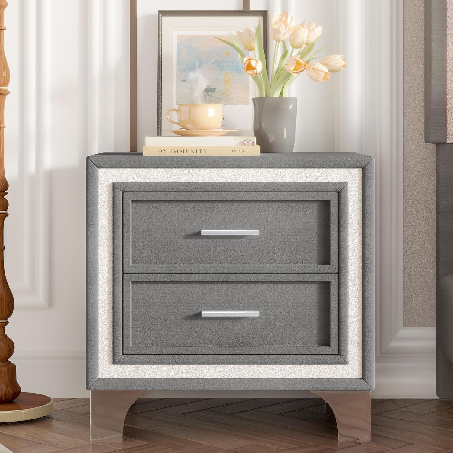 Mid Century Vintage Nightstand with Silver Glitter Strip, Gray Velvet Bedside Table with 2 Drawers and Metal Legs